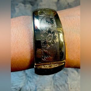 Gorgeous Women’s Goldtone Wide Cuff Bangle w/Safety Chain